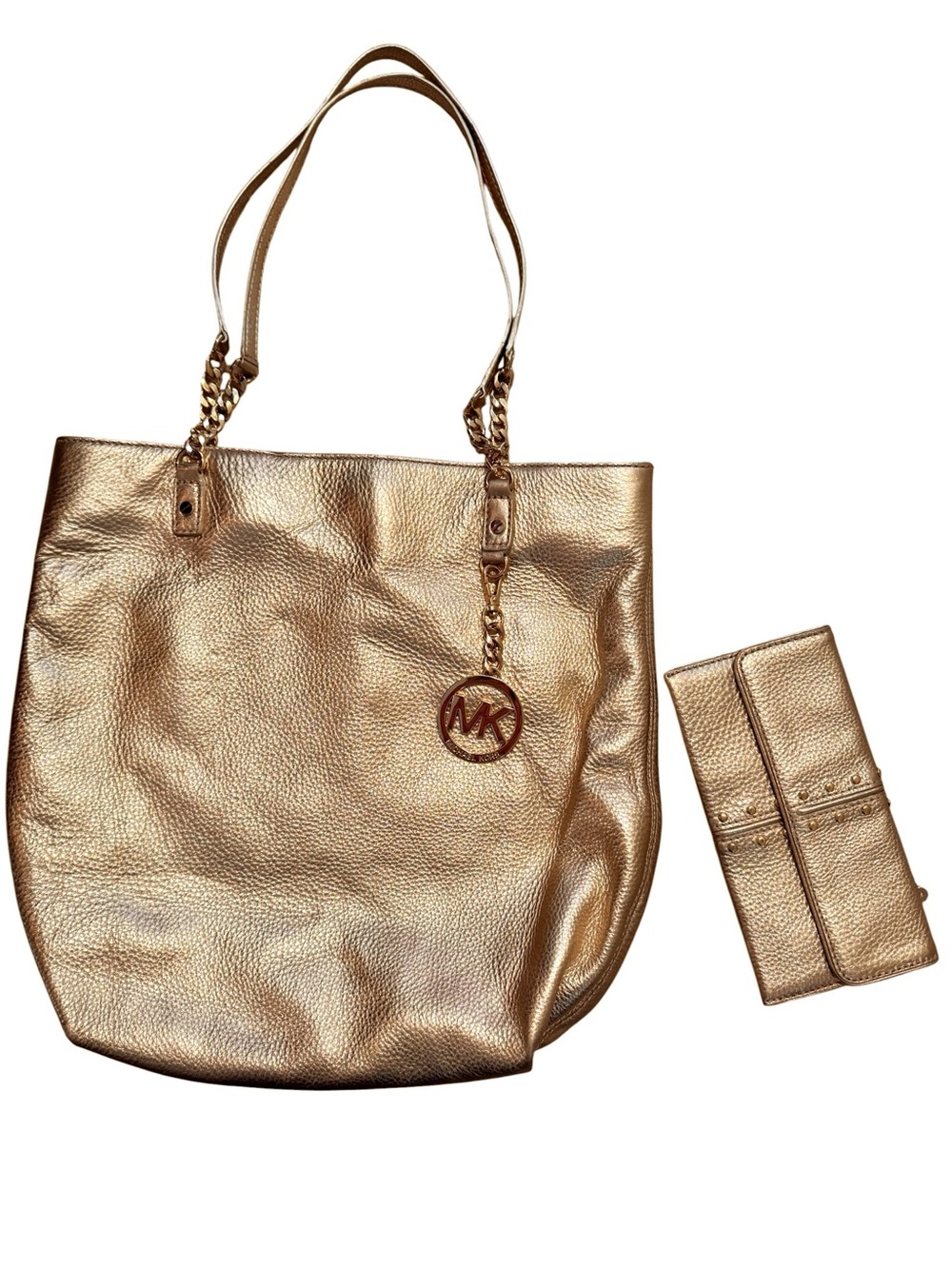Michael Kors Gold Metallic Pebbled Leather Tote Bag Wallet Set NWOT Chain Accent